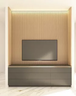 Bedroom tv unit with drawers and wood battens 3D model