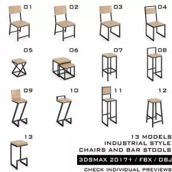 Industrial chairs and bar stools - Pack with 13 models 3D model