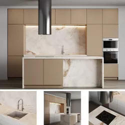 Beige Modern kitchen with an island minimalistic 3D model