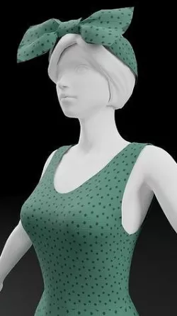 Green long dress with frills and a head bow 3D model
