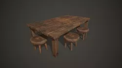 Wooden Tavern Table and Chairs Low-poly 3D model