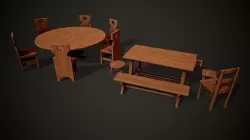 Medieval dungeon sitting - Tables - Chair -Bench and stools Low-poly 3D model
