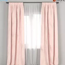 Pink linen curtains with tulle 3D model