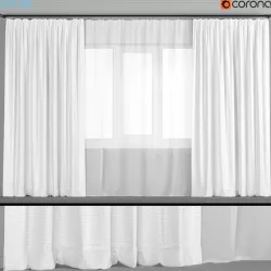 Wide white curtains with tulle 3D model