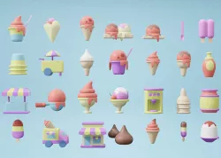 3d icons of many desserts object  in cartoon style 3D model