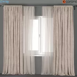 Beige linen curtains with beige tulle 3D model