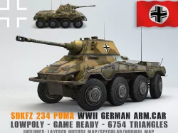 Low Poly SdKfz 234 2 Puma Armored Car Low-poly  3D model