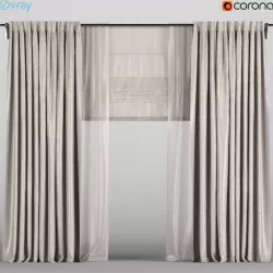 Wide beige curtains with beige tulle 3D model