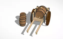 Wheelbarrow and wooden barrels