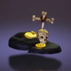 Skull and coins on rock