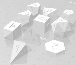 Polyset Dice (Sharp Edges) - Fantasy Elf Font - D2, D4, D4 Crystal, D4 Droplet Crystal D6, D8, D10, D12, D% Horizontal, D20
