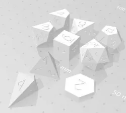 Polyset Dice (Sharp Edges) - Fantasy Elf Font - D2, D4, D4 Droplet Crystal, D6, D8, D10, D12, D% Horizontal, D20