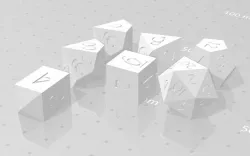 Polyset Dice (Sharp Edges) - Fantasy Elf Font - D4 Crystal, D6, D8, D10, D12, D% Horizontal, D20