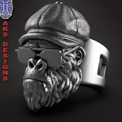 Gangster smoking Gorilla with cap and glasses ring jewelry
