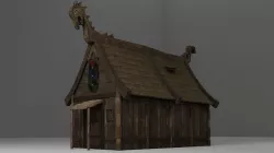 Viking House with Thatch Shack with interior and wooden fence Low-poly 3D model