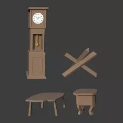 Wooden clock and Chairs Low-poly 3D model