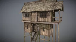 Medieval Lake Village - House 3 with interiors Low-poly 3D model