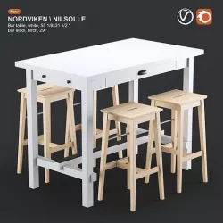 NORDVIKEN bar table and NILSOLLE bar stool white and birch 3D model