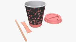 Paper coffee cup plastic lid sugar package wooden stick 3D model