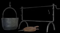 A cauldron a spit for meat furs for blowing up the fire Low-poly 3D model