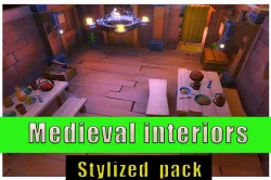 Stylized Medieval Tavern interior Low-poly 3D model