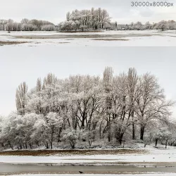Panorama of the park with a lake and snow-covered trees - 30k 3D model