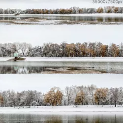 Panorama of the park with a lake and snow-covered trees - 35k 3D model