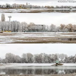 Panorama of the park with a lake and snow-covered trees - 40k 3D model