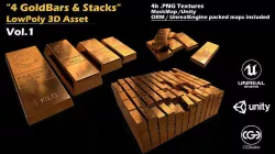 4 Gold Bars - 4 Stacks - 4 Piles - Treasure - Vol 1 Low-poly 3D model