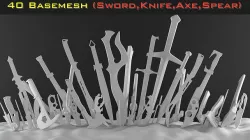 40 basemeshes sword-knife-axe-spear Low-poly 3D model