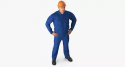 Construction Worker Blue Overalls with Hardhat Standing Pose 3D model