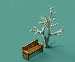 Voxel Bench and Winter Tree 3D Low Poly Low-poly 3D model