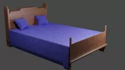 Wood Bed with Patterned Comforter and Pillows 3D model