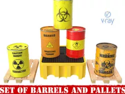 Set of barrels and pallets 3D model
