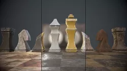 Three chess sets with a chessboard and a clock Low-poly 3D model