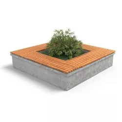 Concrete wooden street bench with grass and bush 3D model