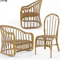 3 natural rattan bamboo chairs 3D model