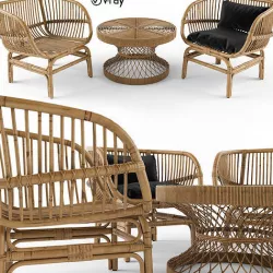 Coffee table vs Nordal lounge chair natural rattan 3D model