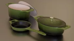 Green cast iron pan set Low-poly 3D model