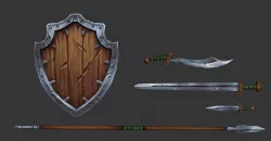Shield and weapons Low-poly 3D model