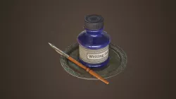 Vintage old inkwell and ink pen Low-poly 3D model