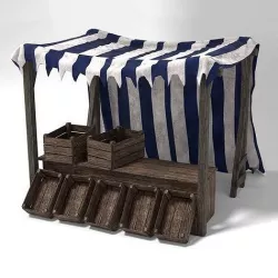 Medieval Market Stall Tent Blue and White 3D Model with Crates Low-poly 3D model