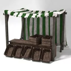 Medieval Market Stall Tent Green and White 3D Model with Crates Low-poly 3D model