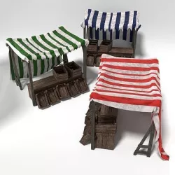 Medieval Market Stall Tent Set Collection 3D Model with Crates Low-poly 3D model