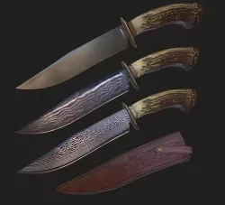 Survival Bowie Knife - Stag Crown Antler Handle Damascus Options Low-poly 3D model