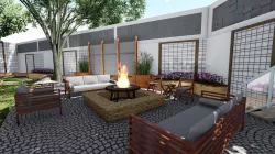 Backyard landsacpe design of modern house with fireplace 3D model