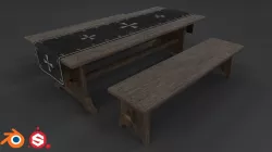 Medieval Table and Bench PBR Low-poly  3D model