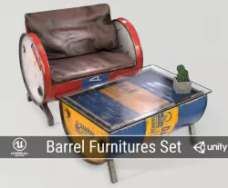 PBR  Barrel Furniture Set Low-poly  3D model
