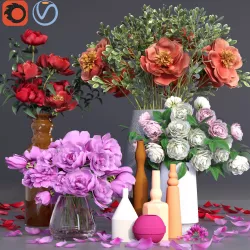 Realistic Collection of Peonies Bouquet in Vases 3D model