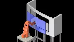Anthropomorphic robot with suction cup for curved glass.